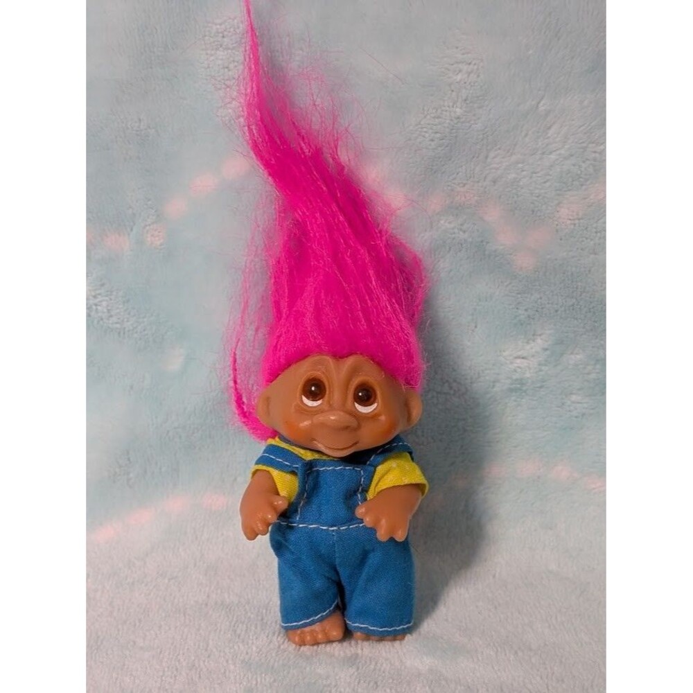 Vintage DAM Troll Doll ©1985 – Overalls Outfit – Pink Hair – 3”